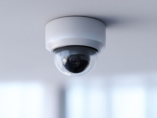 Modern indoor security camera mounted on ceiling with clear dome cover for surveillance and safety monitoring
