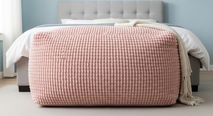 Fototapeta premium Soft oversized chenille pouf placed at the foot of a bed with a tufted headboard
