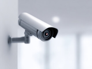 Fototapeta premium Modern security camera mounted on wall for indoor surveillance and safety monitoring in bright environment