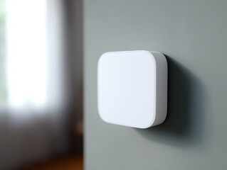 Modern smart thermostat mounted on wall in home interior with soft natural light and blurred background