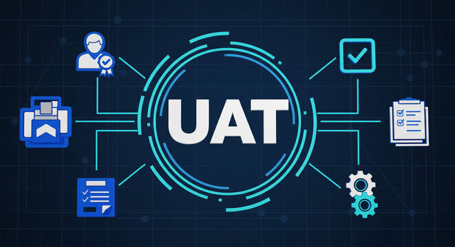 Digital illustration of User Acceptance Testing process with icons representing workflow and approval.