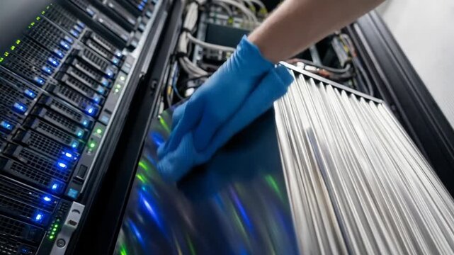Server maintenance cooling distribution unit CDU for AI center rack technician hand cleaning metal server cabinet maintenance cooling distribution