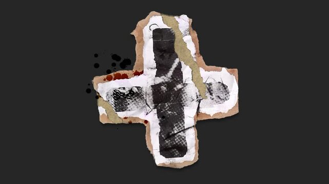 A drag and drop symbol with alpha in a grunge torn creased up paper and card style that folds out in to place with worn aged effects and paper tears.
