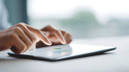 Fingers touching tablet screen with business chart, closeup of hands using digital device for work