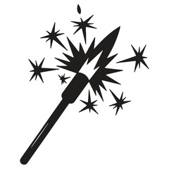 Fototapeta premium A simple black graphic illustration of a sparkler firework with multiple radiant starbursts and sparks erupting from the burning tip isolated on a plain white background