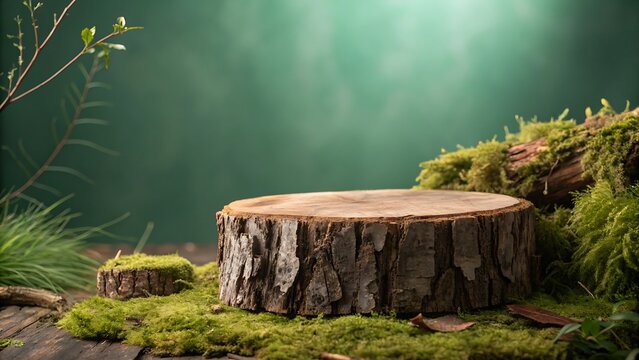 Natural Wood Slice Podium Surrounded by Moss and Forest Elements bark deep