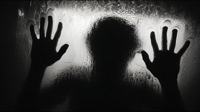 Terrifying shadowy figure trapped behind frosted glass pressing its hands against the surface. Dark horror concept suggesting fear, isolation, paranormal presence, and psychological terror.