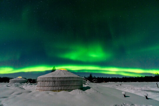 winter landscape with snow and northern lights