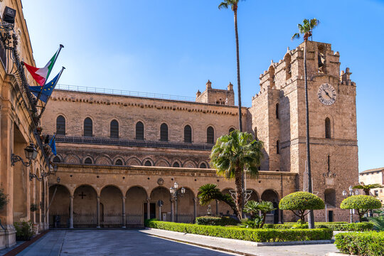 Side facade of Monreale Cathedral with portico and bell tower, Sicily