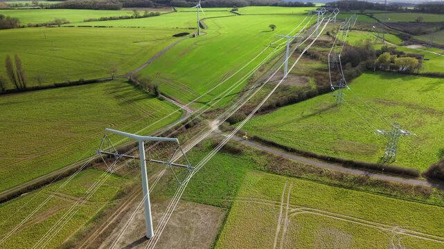 Aerial view of T-pylon and high voltage lines at Eakring training centre UK