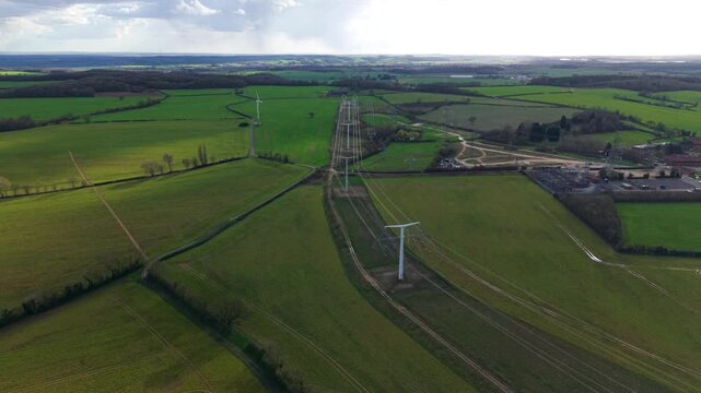 Aerial view of T-pylon and high voltage lines at Eakring training centre UK