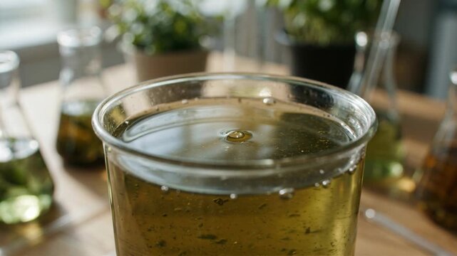 Plant derived chemistry green tea infusion glass ripple with herbal sediment evoking natural calm and scientific craft
