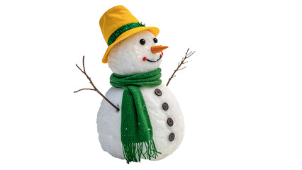 Snowman with yellow hat and green scarf stands in a winter scene with sticks for arms and a carrot nose isolated on transparent background cut out © Ivan