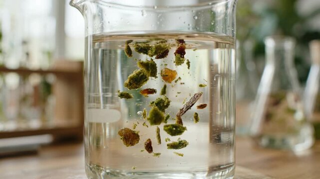 Green plant derived chemistry tea leaves infusion in water creating natural extract and aromatic botanical fragments suspended in clear solvent