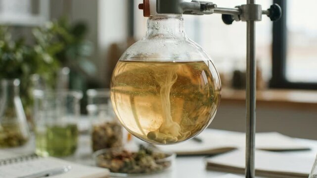Plant derived chemistry green chemistry plant extract laboratory glass flask swirling botanical herbal extract laboratory stand with natural light