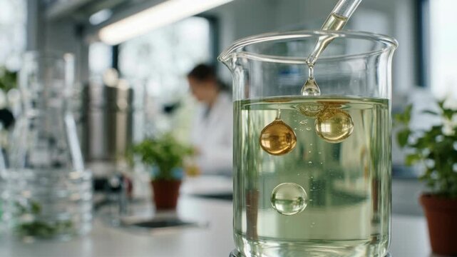 Plant derived chemistry green chemistry droplet beaker laboratory researcher observing plant sample with droplets forming clear solution soft natural