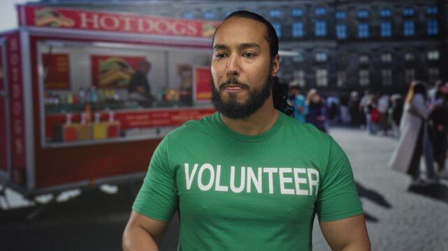 Man wearing green volunteer t shirt standing with arms relaxed in front of a hot dog truck on a busy street; community service pride.