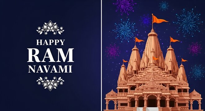 Happy ram navami greeting card with a stylized illustration of a hindu temple in warm colors
