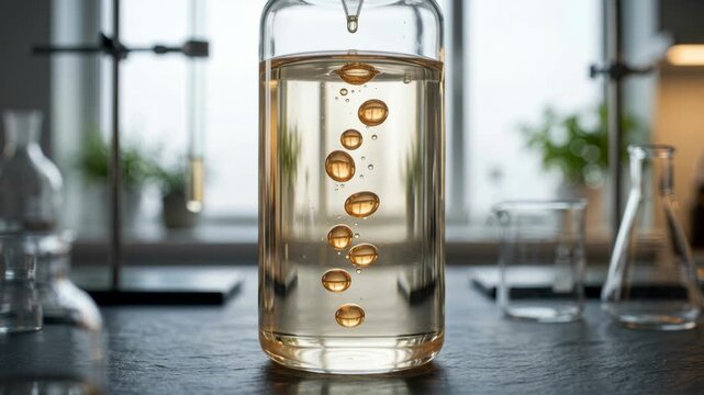Plant derived chemistry green chemistry laboratory glass droplet amber viscous oil golden droplets suspended clear solution inside glass vial