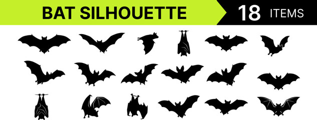 Fototapeta premium Bat silhouette isolated on white background, flying bat wings spread, nocturnal animal shape, halloween clipart, wildlife black silhouette illustration