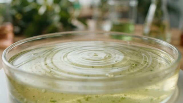 Plant derived chemistry green chemistry petri dish with liquid ripple and algae fragments laboratory liquid ripple experiment evoking scientific study