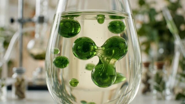 Green plant derived chemistry green chemistry inspired laboratory experiment with suspended green droplets conveying eco innovation and botanical