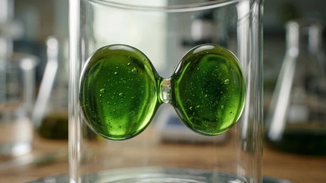 Plant derived chemistry green chemistry inspired dual droplet gel and droplet liquid forms suspended glass laboratory vessel evoking molecular wonder