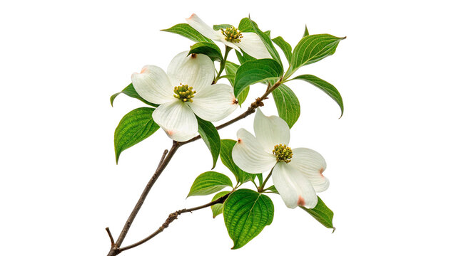 White dogwood flowers bloom on a branch in a bright setting during springtime isolated on transparent background cut out