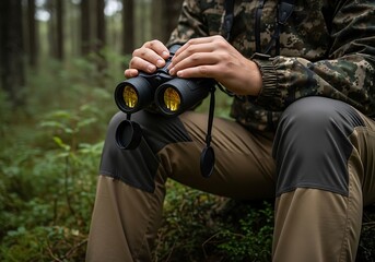 Fototapeta premium Hands holding powerful binoculars, poised for observation amidst the tranquil beauty of a dense forest