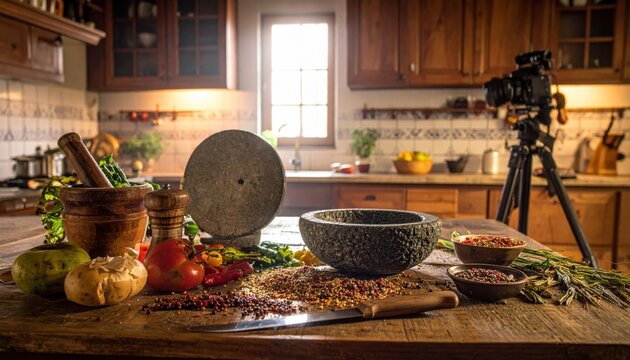 Authentic traditional kitchen tools, including a grinding stone and mortar, are set up for manual spice preparation on a rustic wooden counter amidst fresh ingredients in a sunlit home kitchen.
