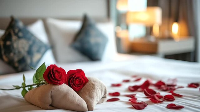 Romantic hotel room with bed scattered with rose petals, two red roses beside heart-shaped towel swans, cozy Valentine celebration atmosphere, intimate bedroom setting,