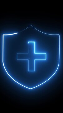 Medical shield icon vertical video with glowing symbol on dark background for health interface design. Medical shield icon protection concept.
