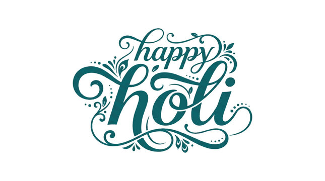 Colorful graphic illustration of Happy Holi text in purple and pink hues on white background with bold font and neon effect
