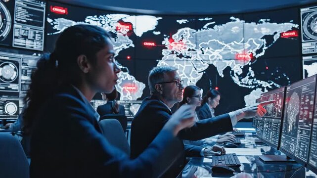 Global Cybersecurity Operations Center Team Monitoring Threats.