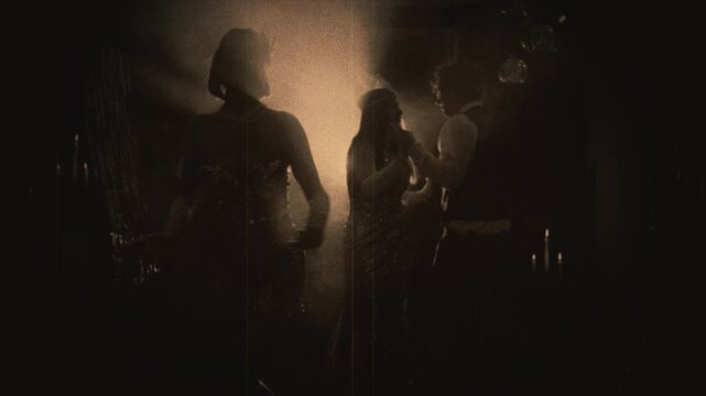 Dark silhouette group of people dancing 1920s old style black and white color film. crowd woman man couple flapper have fun joy at dance floor retro party in dark night club 20s youth roaring twenties
