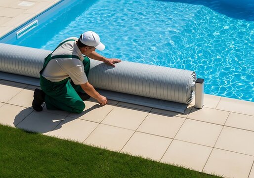Man installing a protective cover on a swimming pool