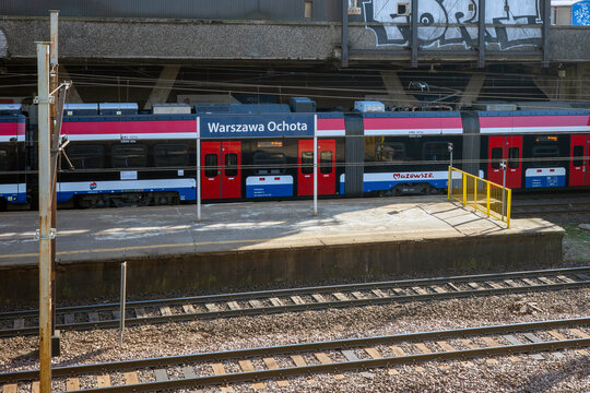 Warsaw, Masovian Voivodeship, Poland - March 14, 2026: A modern train at Warszawa Ochota station.