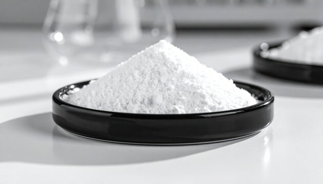 Neatly Piled White Crystalline Calcium Carbonate Powder on a Black Analysis Dish in a Laboratory Setting