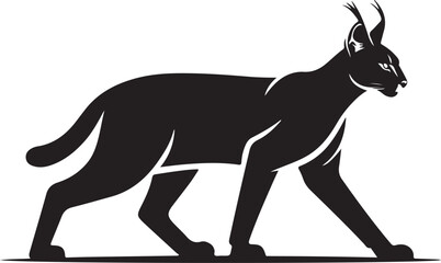 Fototapeta premium Black silhouette of a walking caracal cat with distinctive ear tufts
