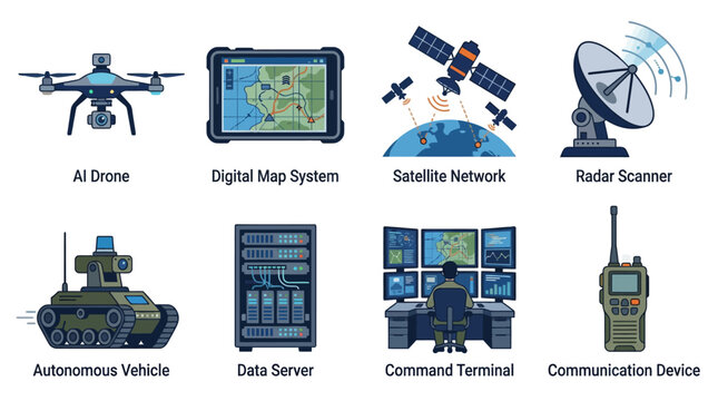 Advanced Military Technology Icon Set featuring AI Drone, Satellite Network, Digital Map System, Radar Scanner, Autonomous Vehicle, Data Server, and Terminal.