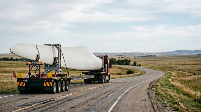 Heavy transport of wind turbine blade on highway representing renewable energy infrastructure logistics and large scale engineering movement