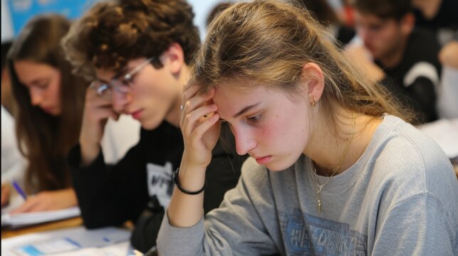 Teenage student concentrating and stressed during classroom exam