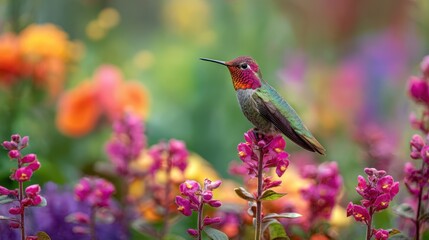 Fototapeta premium Ruby throated hummingbird perched on wildflower stem