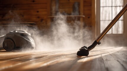 Obraz premium Steam rising while vacuum cleaning wooden floor in sunlit room
