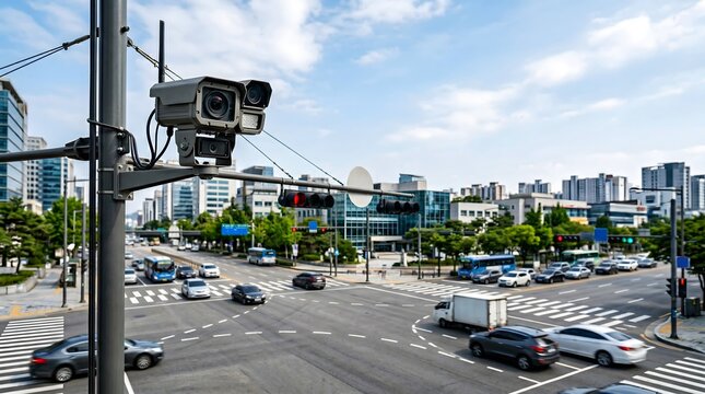 Smart traffic monitoring camera at city intersection of urban surveillance road safety and intelligent transportation system with copy space