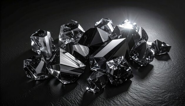 Irregularly shaped glossy boron crystals with faceted surfaces scattered on a dark matte background, showcasing their unique crystalline structure.
