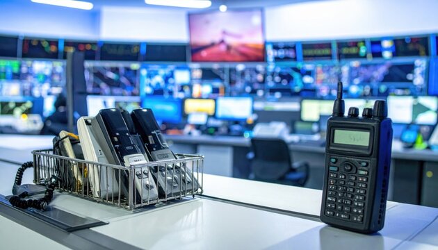Communication devices including satellite phones and shortwave radios in a control room with multiple screens