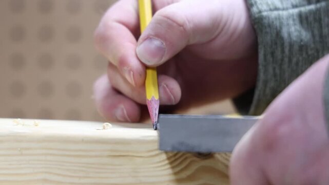 Carpenter marking wood with pencil and square for precise cuts