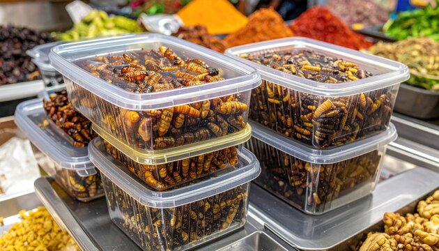 Neatly packaged edible insect larvae displayed in transparent plastic containers, showcasing a sustainable protein source for adventurous culinary exploration.