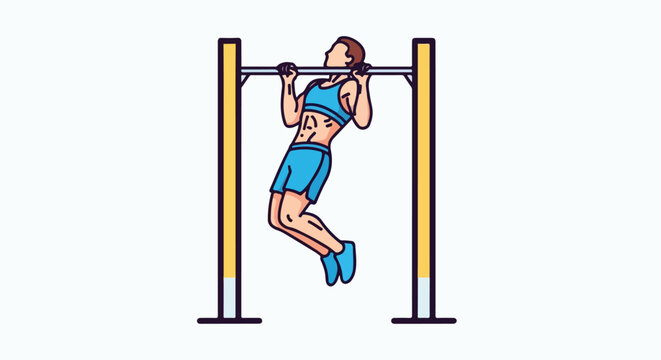 A person performs a pull-up exercise on a horizontal bar outdoors